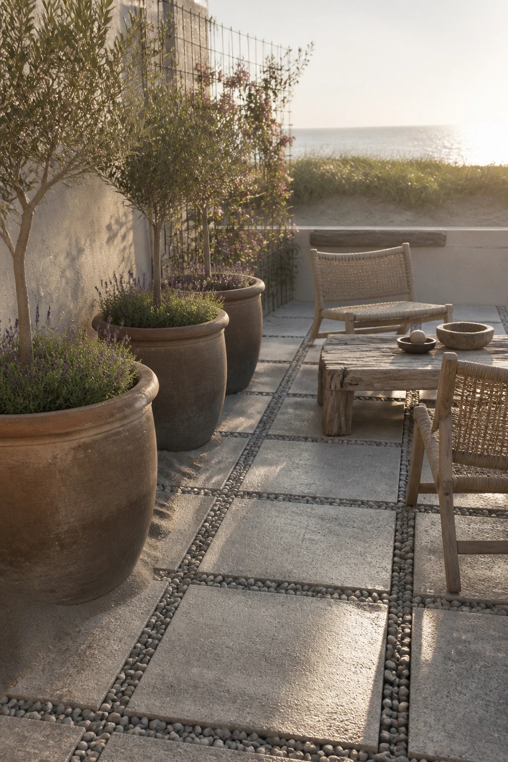 A paved stone patio with large terracotta pots holding small trees and lavender plants, alongside woven chairs and a wooden table.