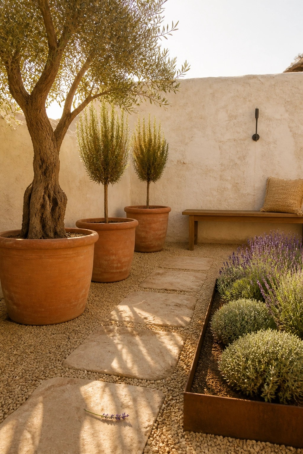 A gravel courtyard with large terracotta pots holding an olive tree and two tall shrubs, a stone path, a metal-edged lavender bed, and a wooden bench against a white stucco wall.