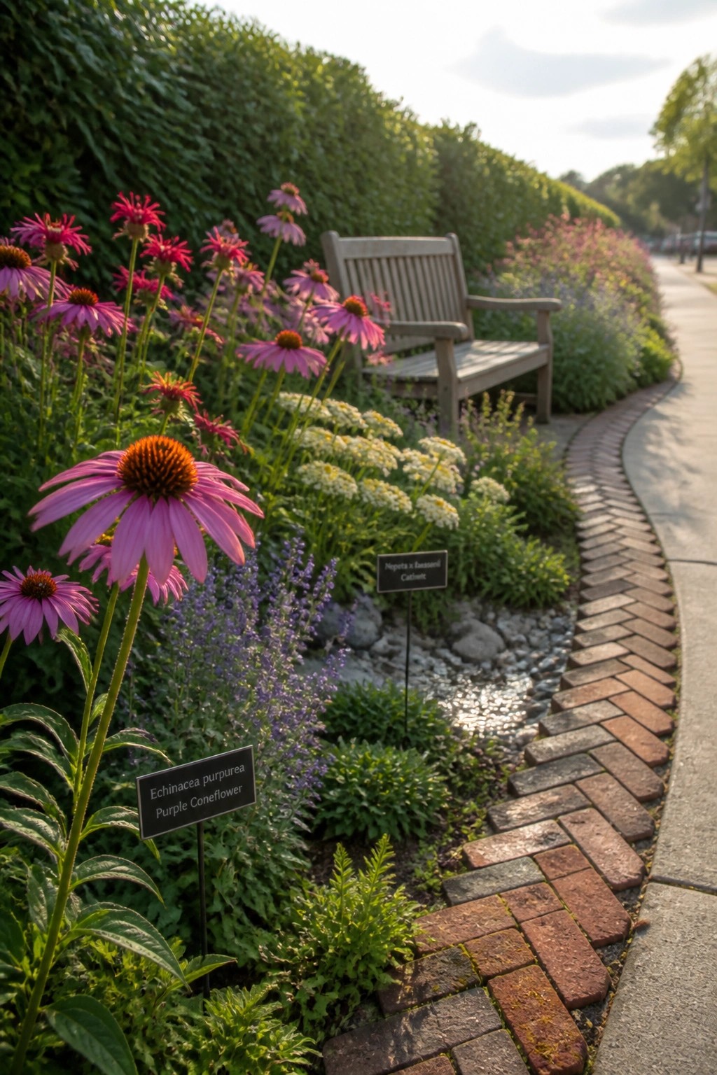 A curved brick path borders a garden bed filled with pink coneflowers and other perennials, with plant labels, a wooden bench, and a gravel area visible.
