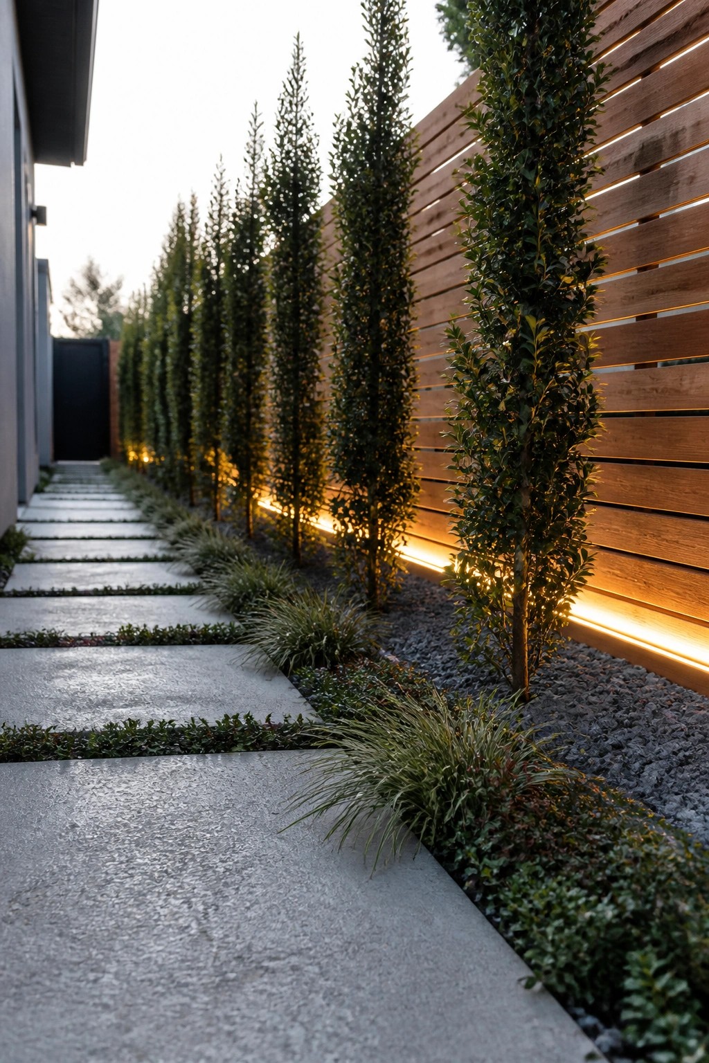 A concrete pathway runs beside a straight row of tall narrow evergreen trees planted in gravel next to a wooden fence with low lighting at the base.