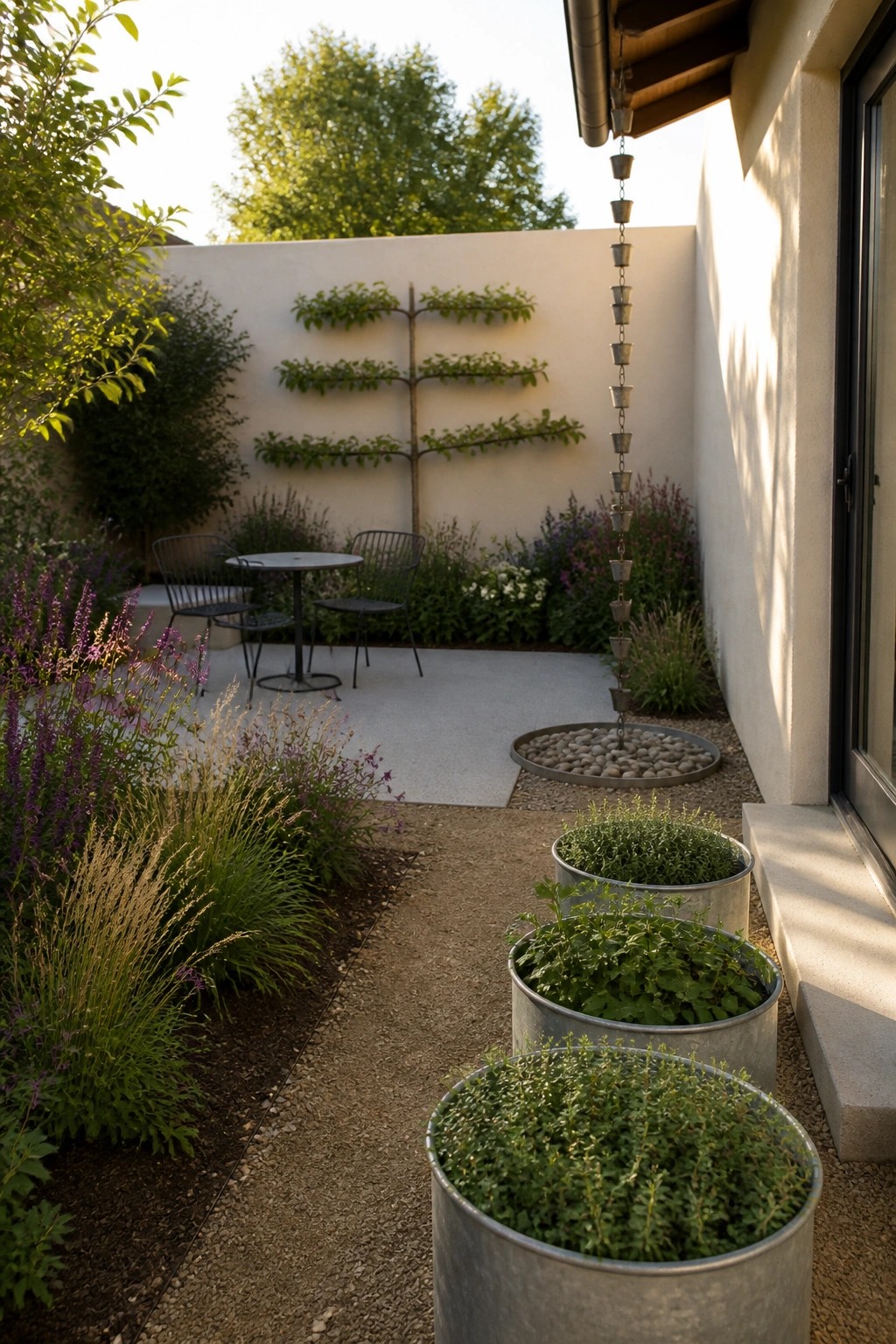A garden courtyard with a concrete patio, three large metal containers planted with greenery along a gravel path, and a wall with espaliered plants.
