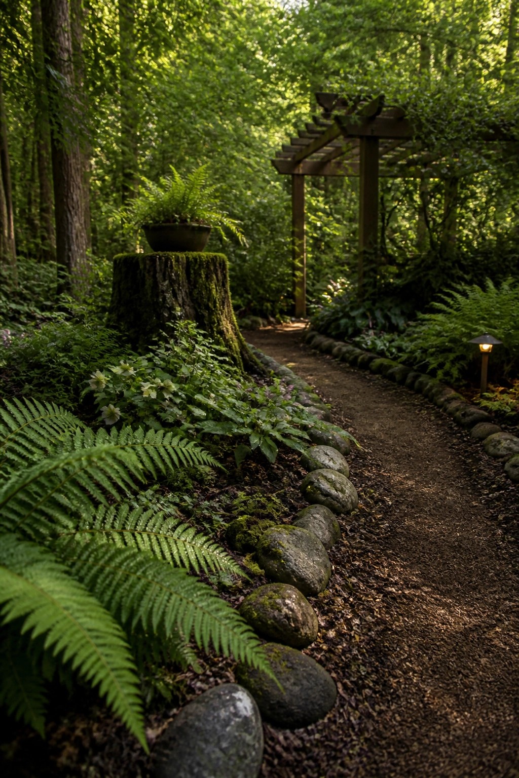 A winding dirt path bordered by large moss-covered stones runs through a lush garden with ferns, a mossy tree stump, and a wooden pergola overhead.