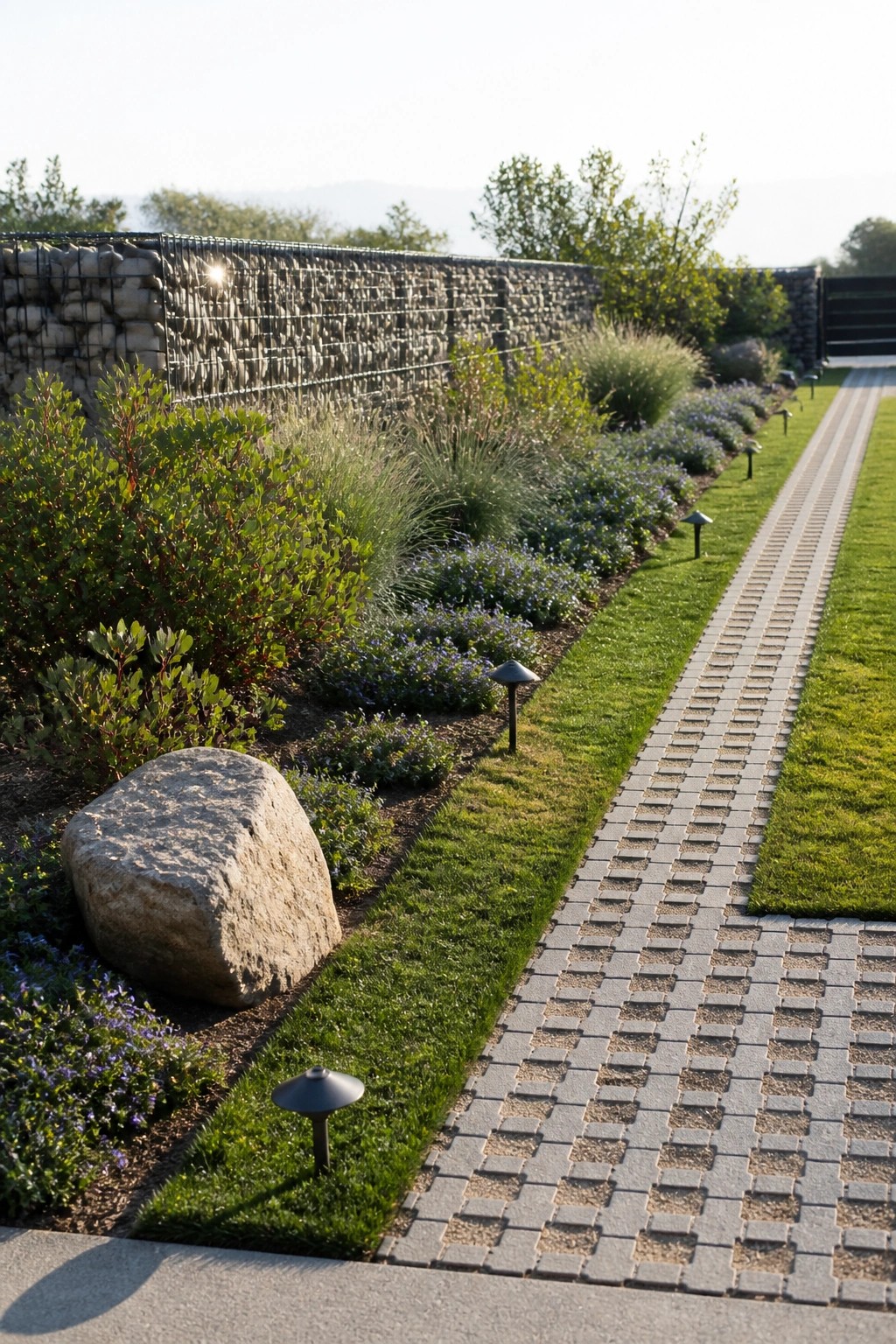 A long gray paver path runs beside garden beds filled with green shrubs, purple flowers, and tall grasses next to a stone gabion wall with small path lights.