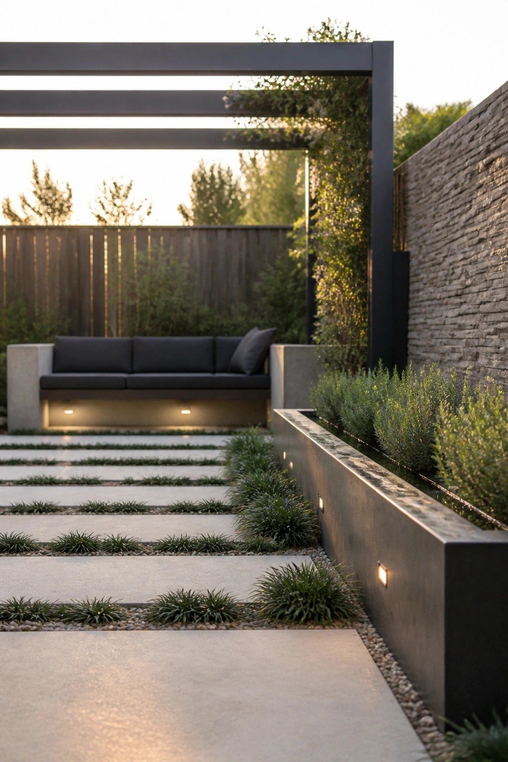A garden pathway of large rectangular concrete pavers separated by gravel and low green plants, running beside a long raised metal planter filled with shrubs.