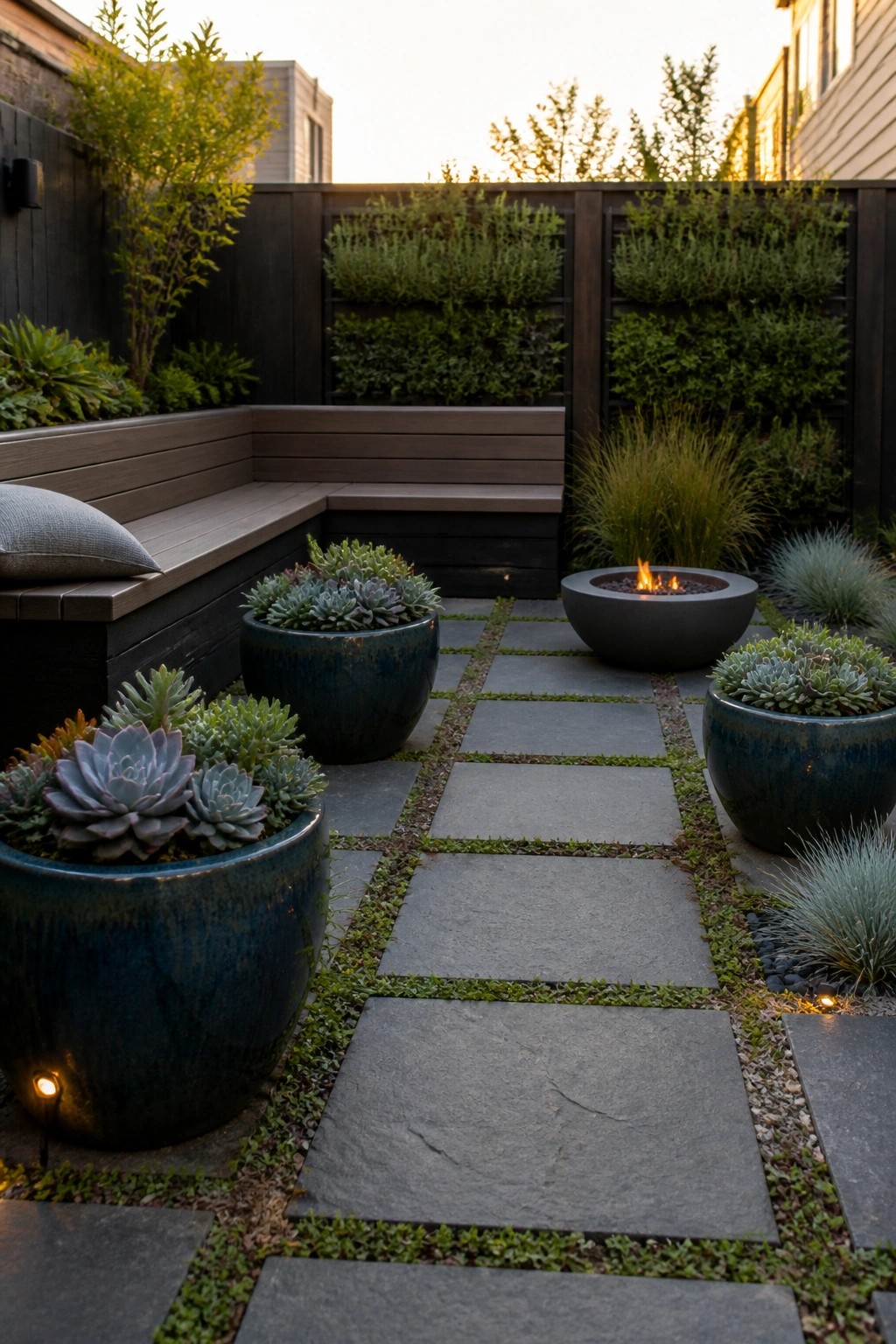 A garden with a stone paver path lined by large blue ceramic pots holding succulents, a round fire pit, and vertical planted walls in the background.