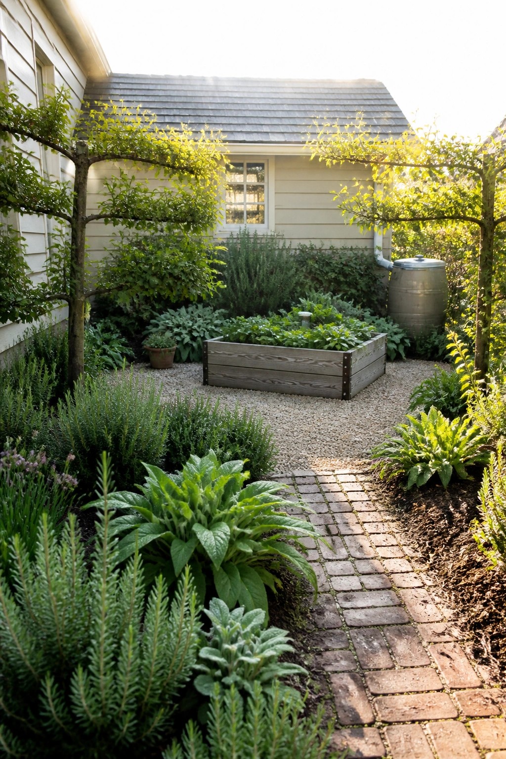 A backyard garden featuring a wooden raised planter bed surrounded by gravel and brick paths, with trees, shrubs, and a house in the background.