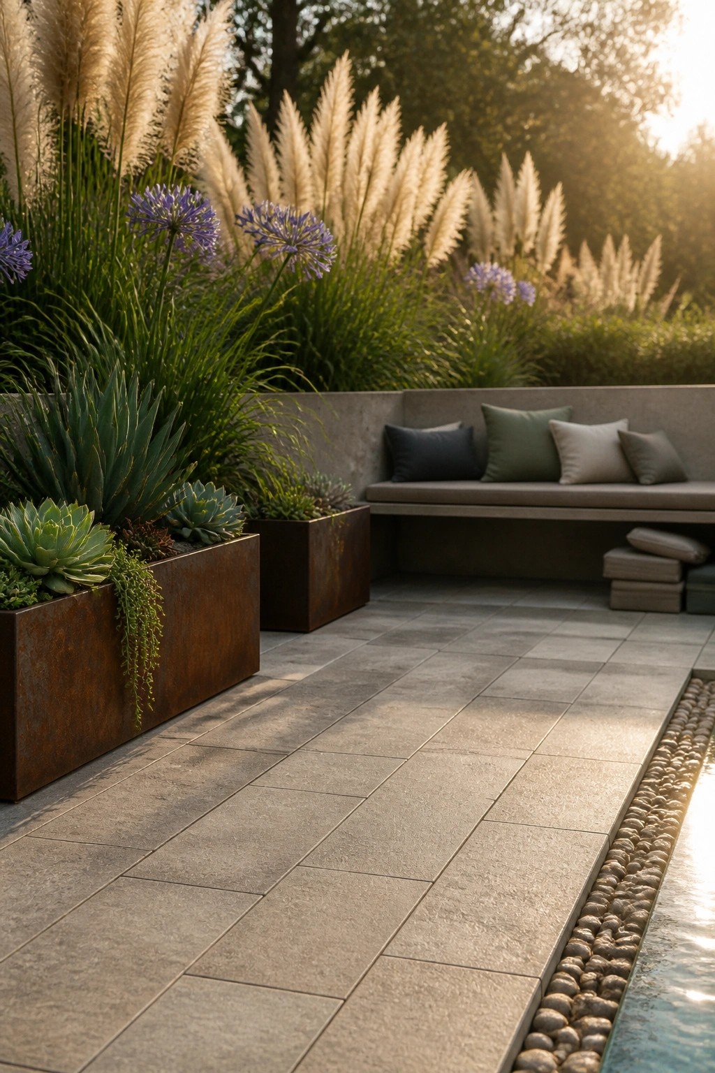 Modern garden with rusted metal planters holding succulents and tall grasses beside a concrete bench on a tiled patio next to a pebble-edged pool.