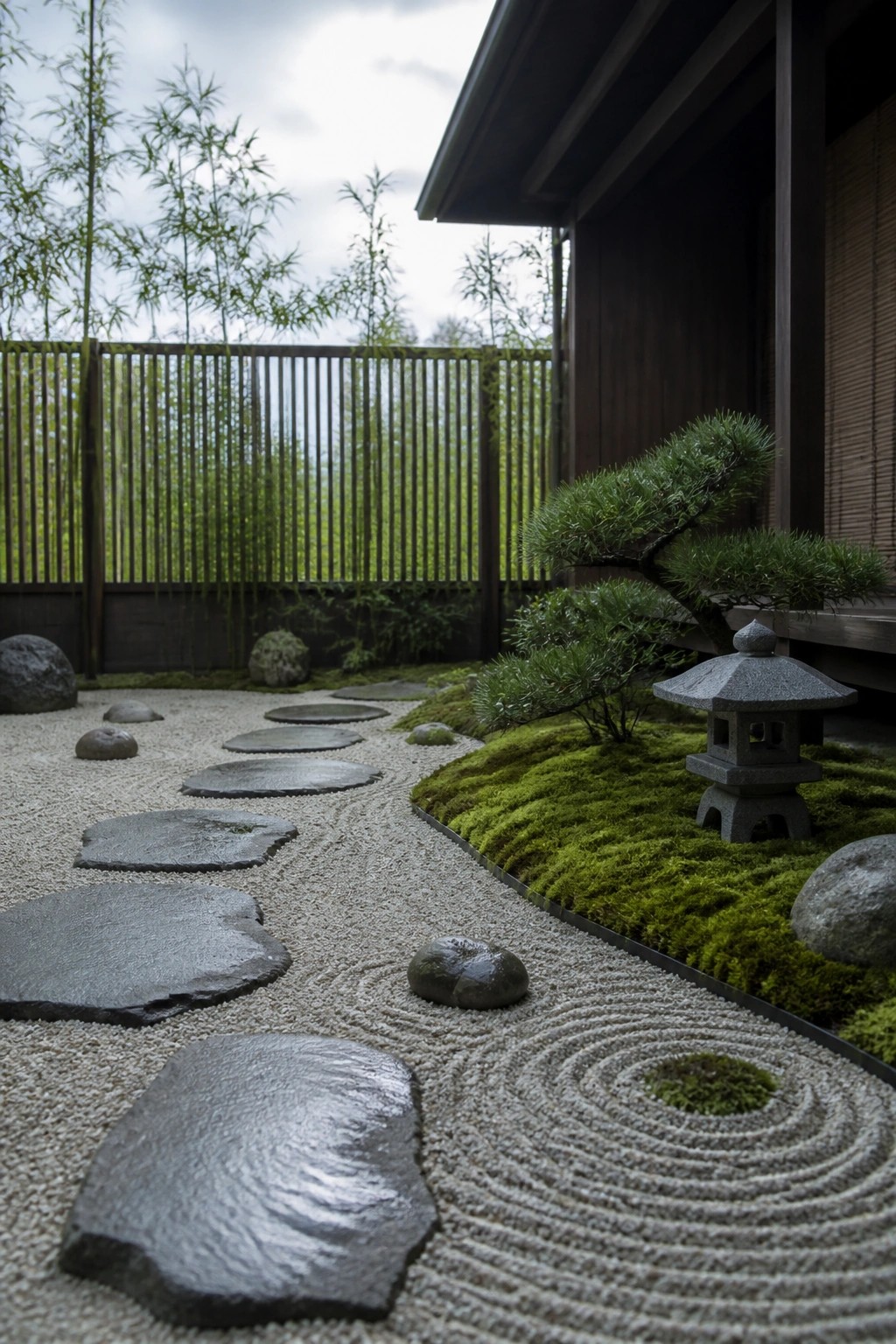A Japanese-style garden features raked gravel paths with stepping stones, moss ground cover, a stone lantern, and pine trees next to a wooden building.