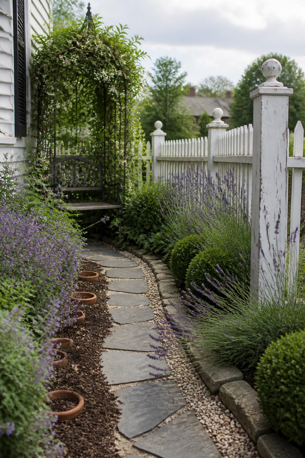 A narrow stone pathway curves through a garden lined with lavender bushes, terracotta pots, and a white picket fence.
