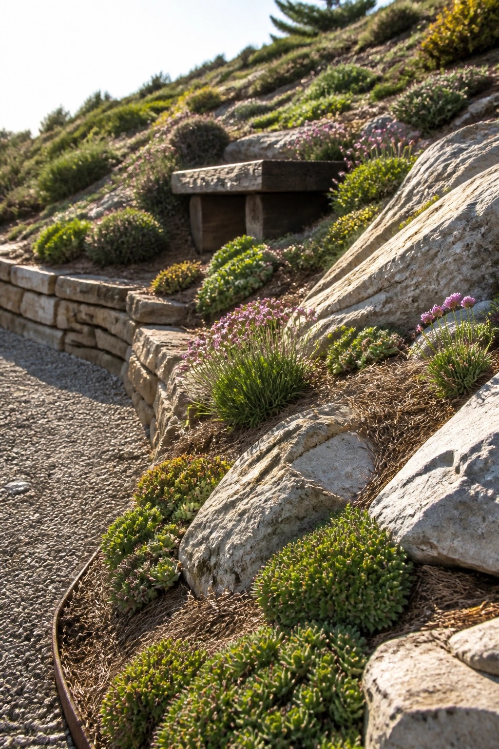 Rocky hillside garden with green plants, purple flowers, and stone walls