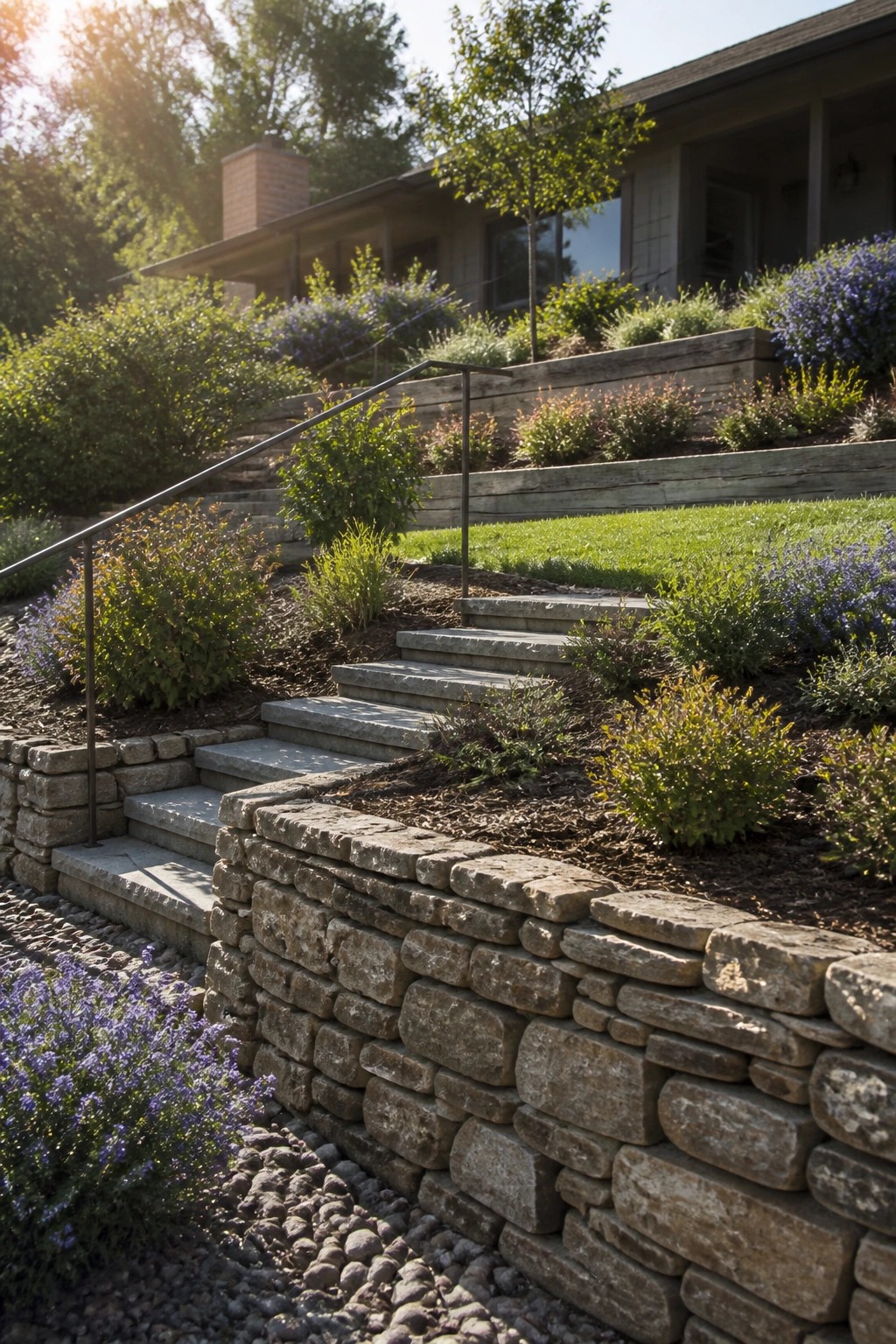 Stone retaining walls and steps form terraces on a sloped garden with shrubs and plants beside a house.