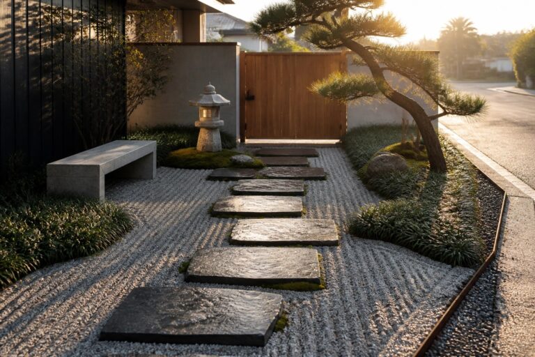 A gravel path lined with irregular stepping stones leads to a wooden gate, with a stone lantern on the left and a pine tree behind a concrete bench.