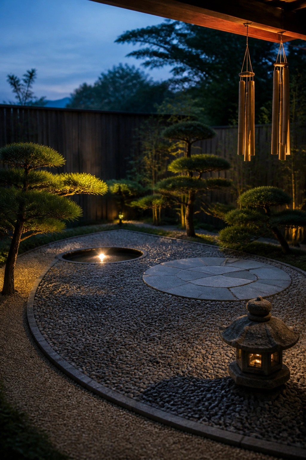 A nighttime view of a zen garden featuring a large gravel area, a circular stone patio section, a small water feature, shaped trees, a stone lantern, and hanging wind chimes.
