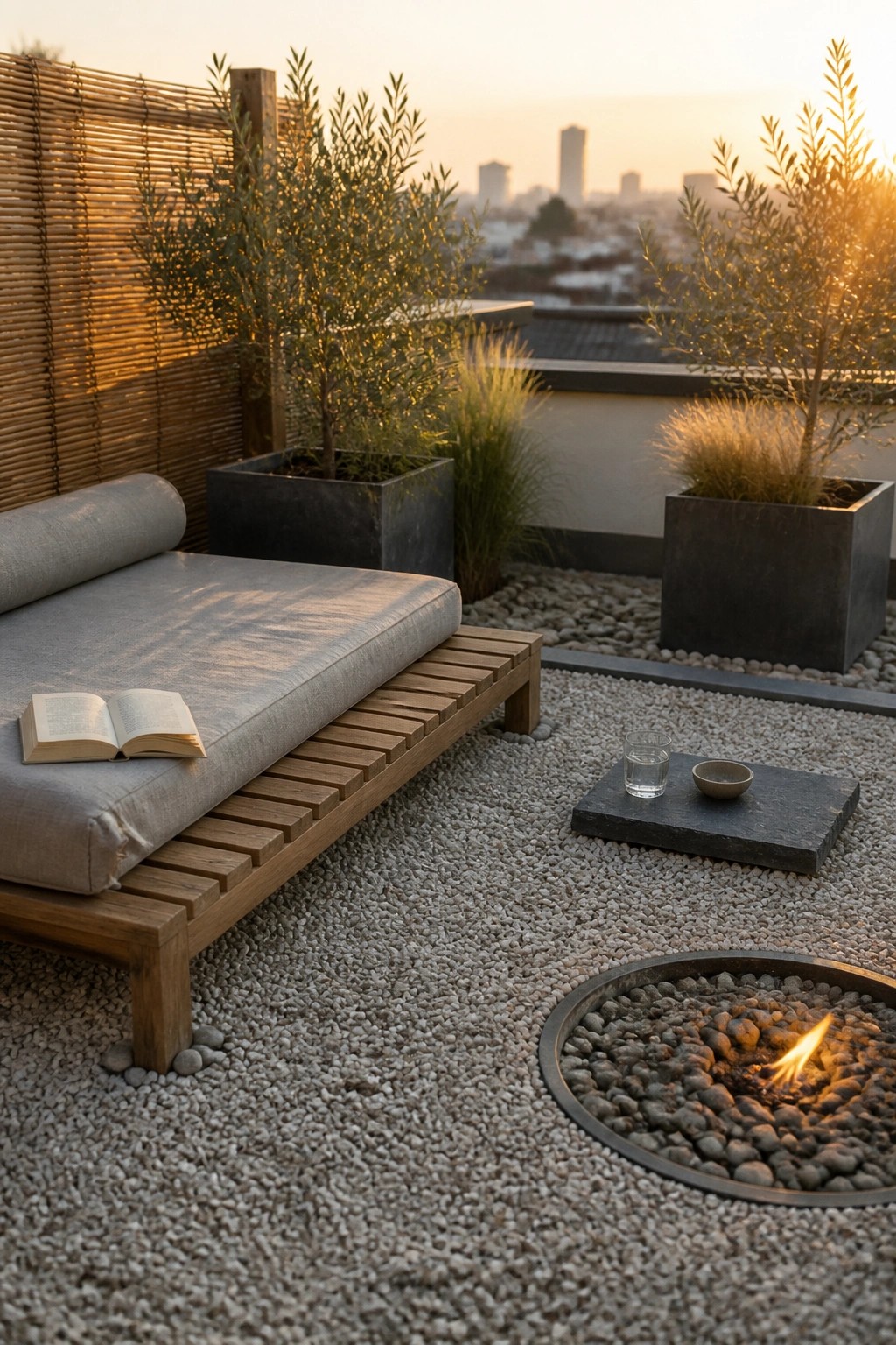 A wooden daybed with gray cushion and open book rests on a gravel terrace next to a round stone fire pit, with potted trees and a distant city view at sunset.