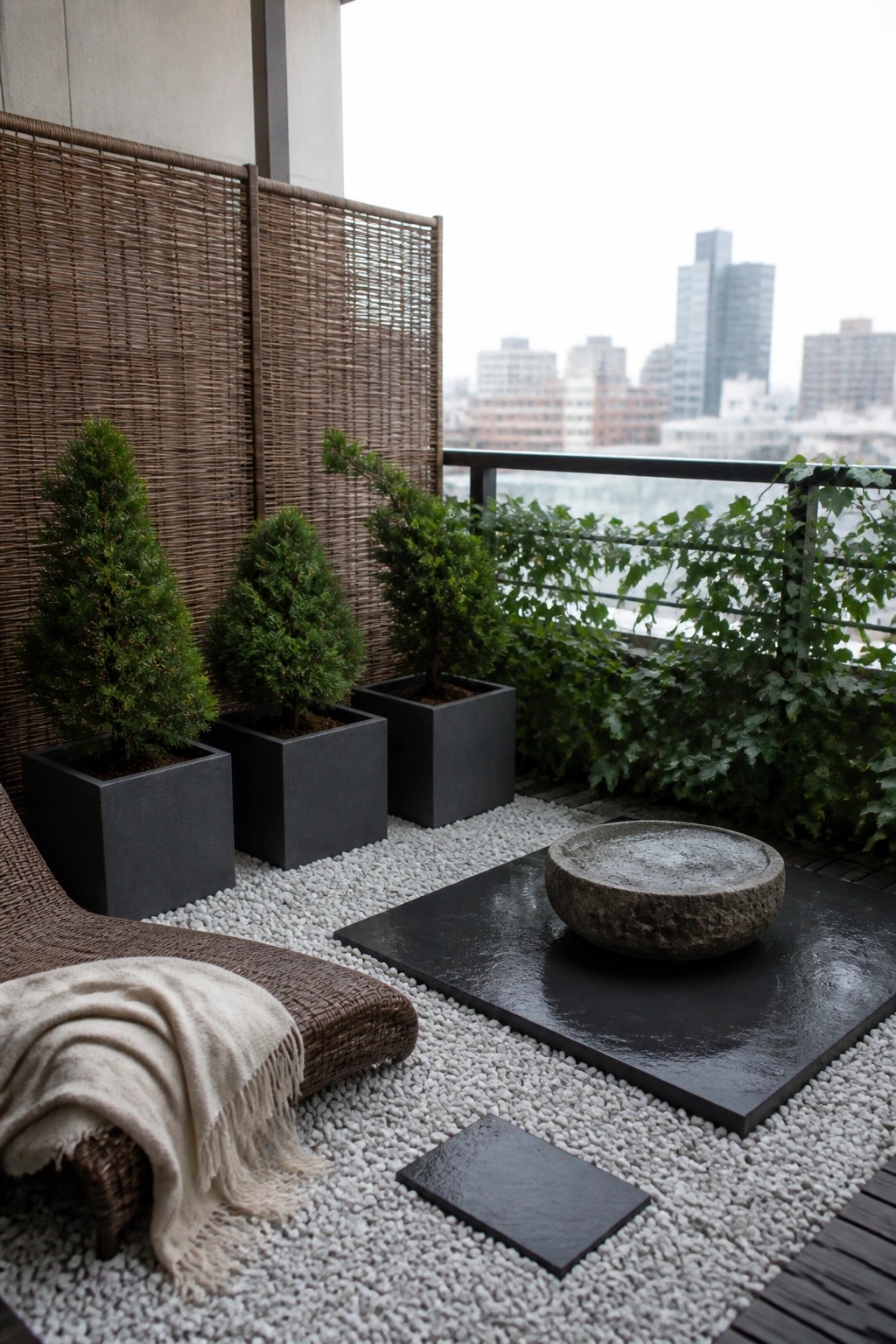 A balcony covered in white gravel with three small evergreen trees in dark square pots, a woven lounge chair with a blanket, and a stone bowl on a black platform.