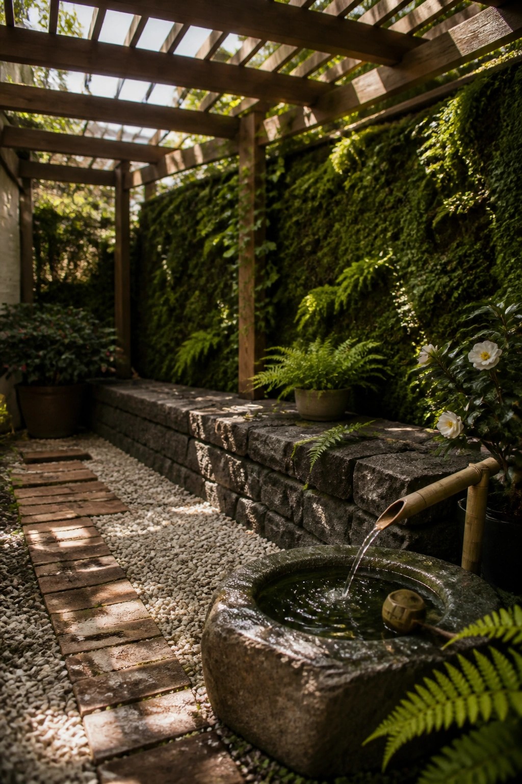 A gravel path lined with wooden planks runs beside a low stone wall, leading to a stone water basin fed by a bamboo spout, with ferns and a mossy wall in the background.