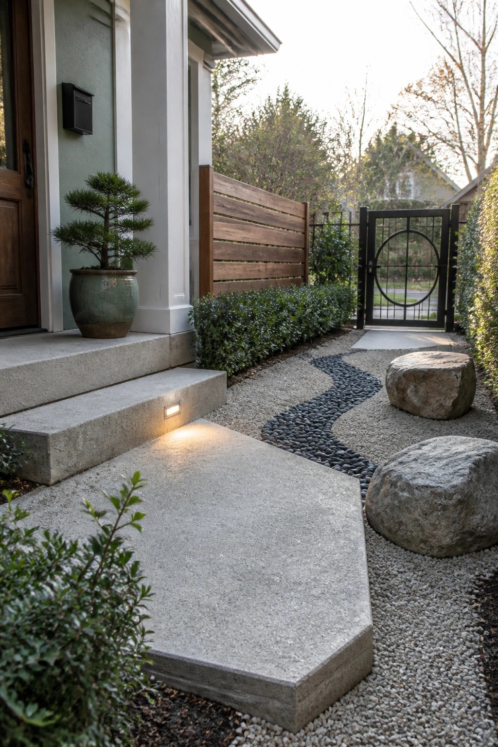House entrance with concrete steps, pebble path, boulders, and wooden fence.
