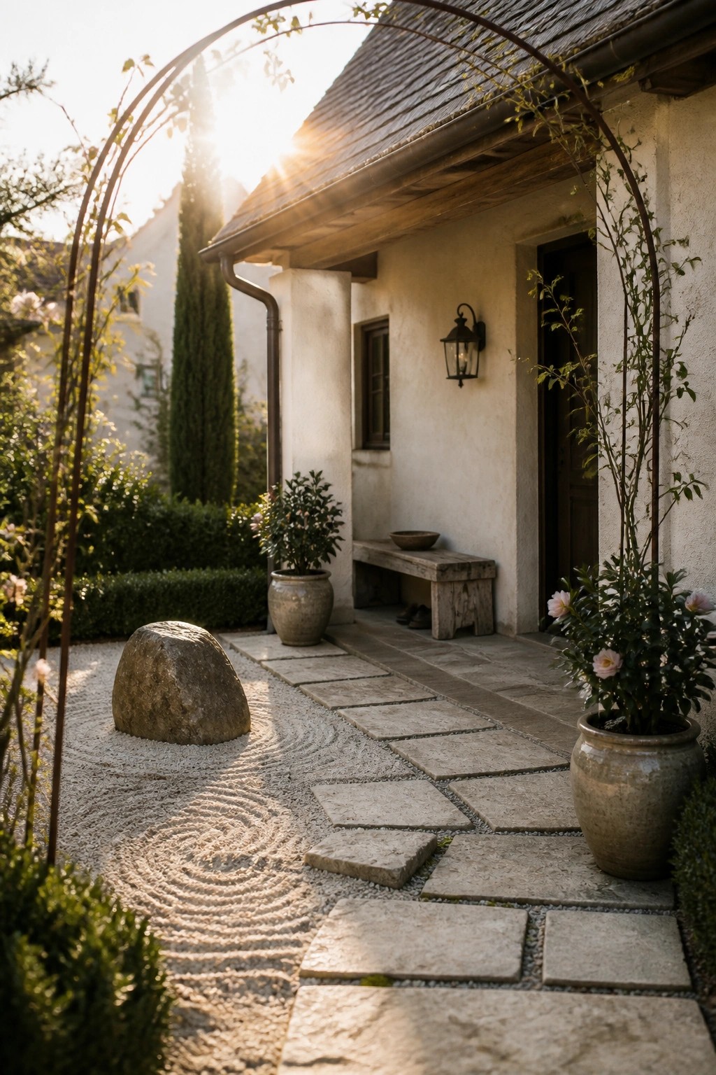 A gravel garden area with raked circular patterns around a large stone sits beside a stone paver path leading to a house entrance with potted plants.