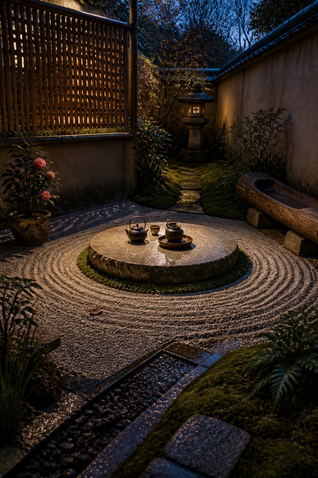 A zen garden at dusk showing raked gravel in concentric circles around a central round stone platform with a teapot set, bordered by moss, a potted camellia, a stone lantern, and a bamboo fence.