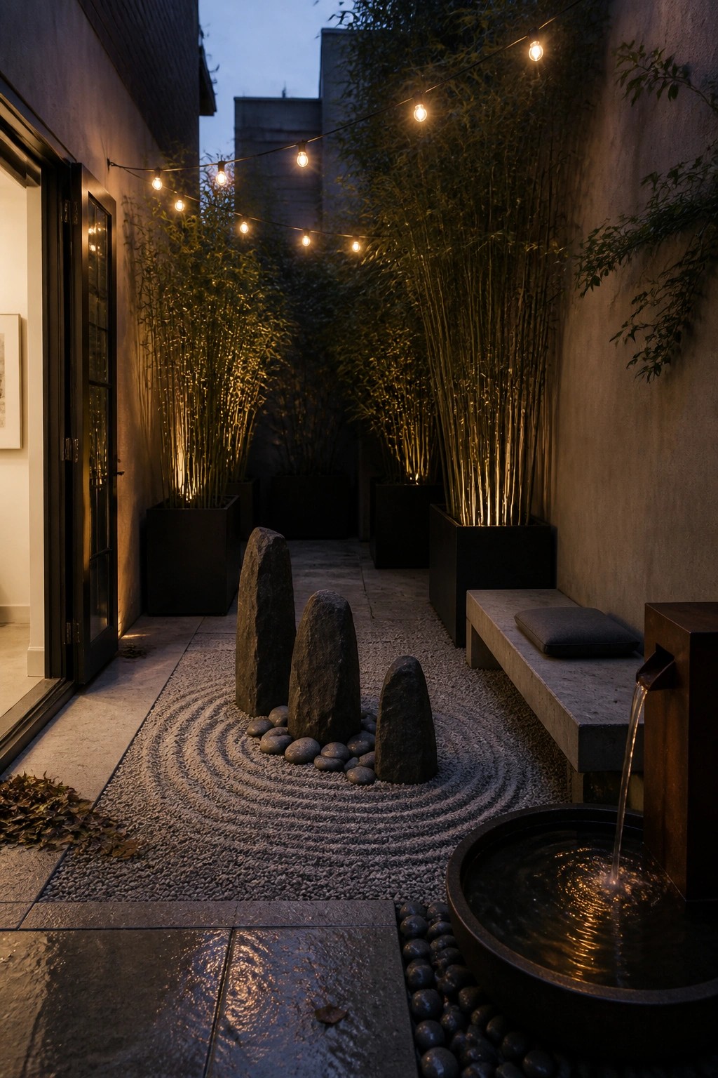 A narrow outdoor courtyard at dusk with raked gravel, three upright stones, potted bamboo, a stone bench, and a water fountain under string lights.