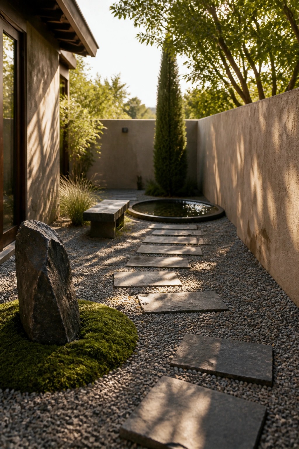 A gravel path lined with rectangular stepping stones runs past a large mossy rock and a circular pond in a minimalist garden bordered by concrete walls.