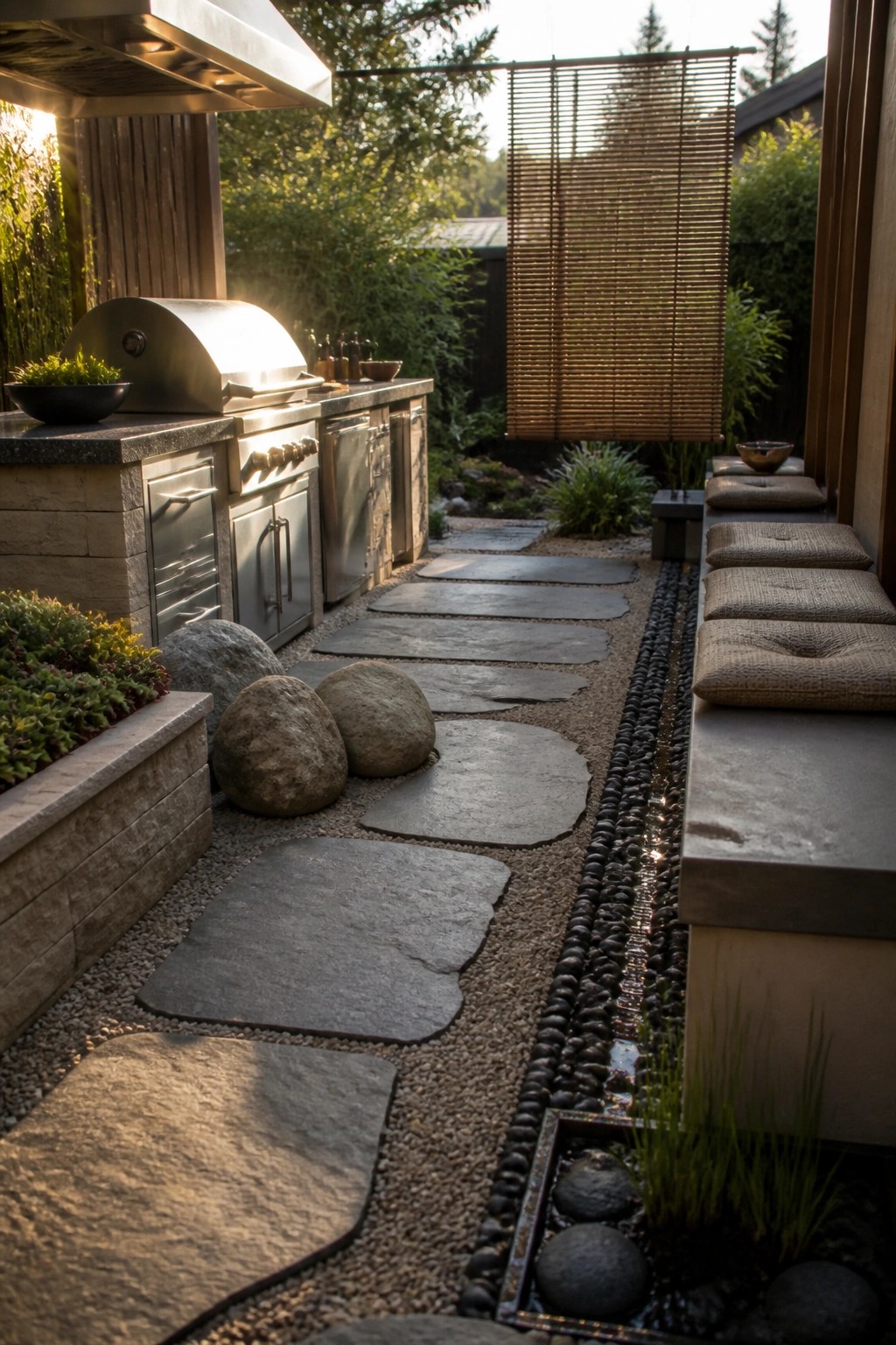 An outdoor garden path made of irregular gray stone slabs set in gravel, running beside an outdoor kitchen on the left and a long cushioned bench on the right.