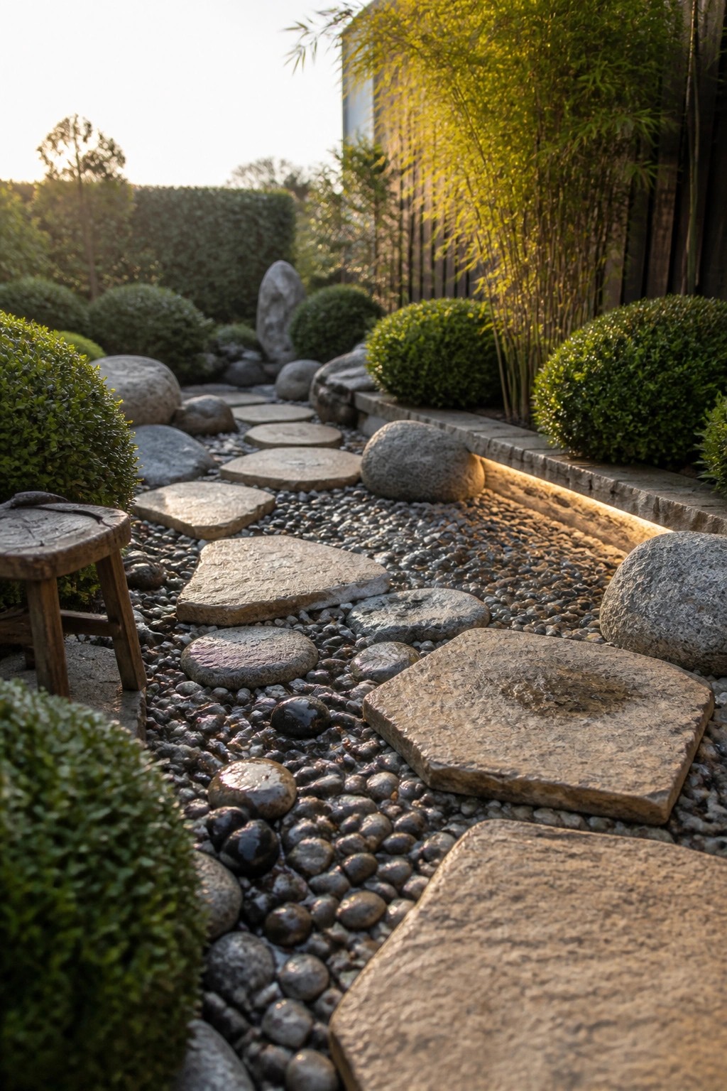 A garden path made of irregular flat stepping stones set into gravel, bordered by rounded shrubs and bamboo.
