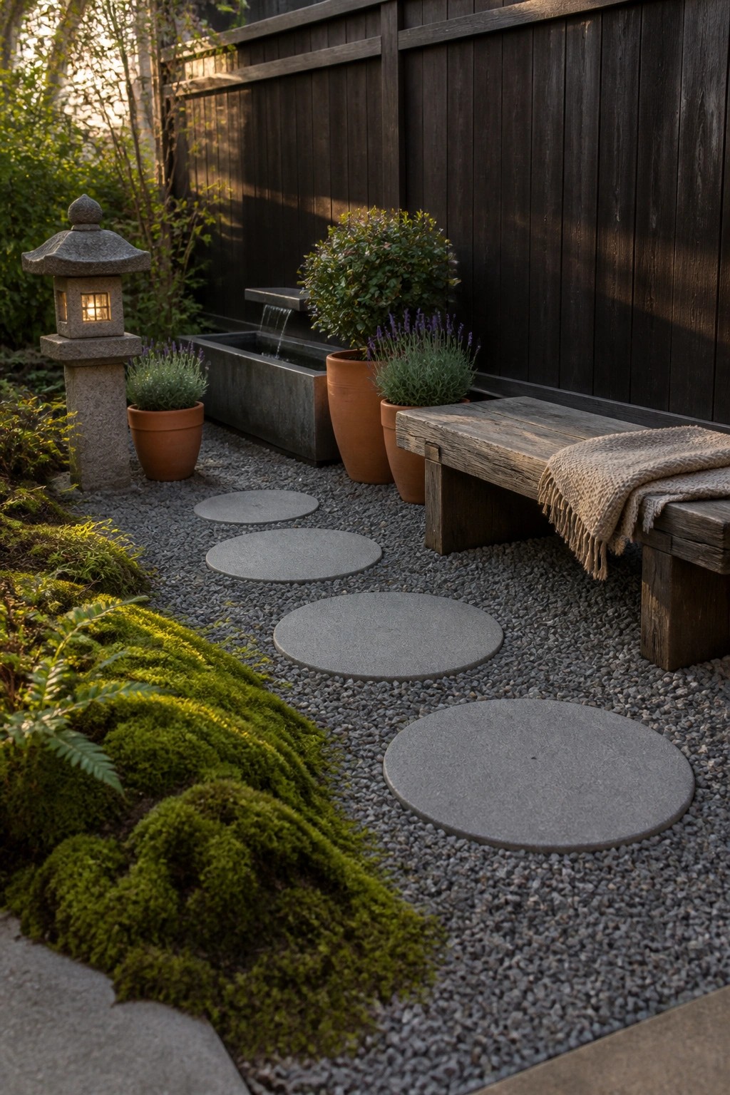 Zen garden with stone lantern, gravel path, stepping stones, wooden bench and potted plants