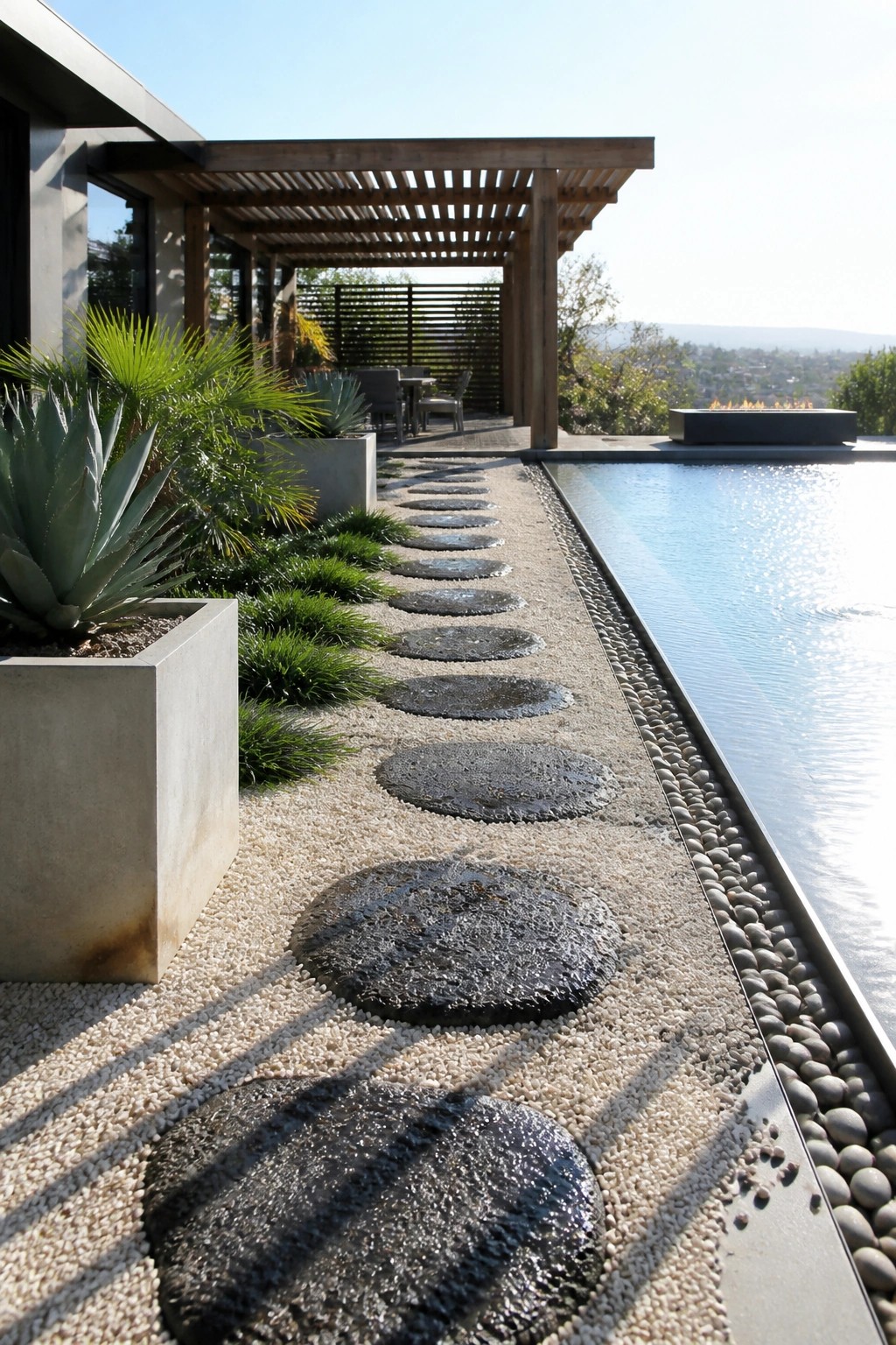 A straight garden path of large dark circular stepping stones embedded in light gravel runs beside a long pool with concrete planters holding agave and grasses on the left.