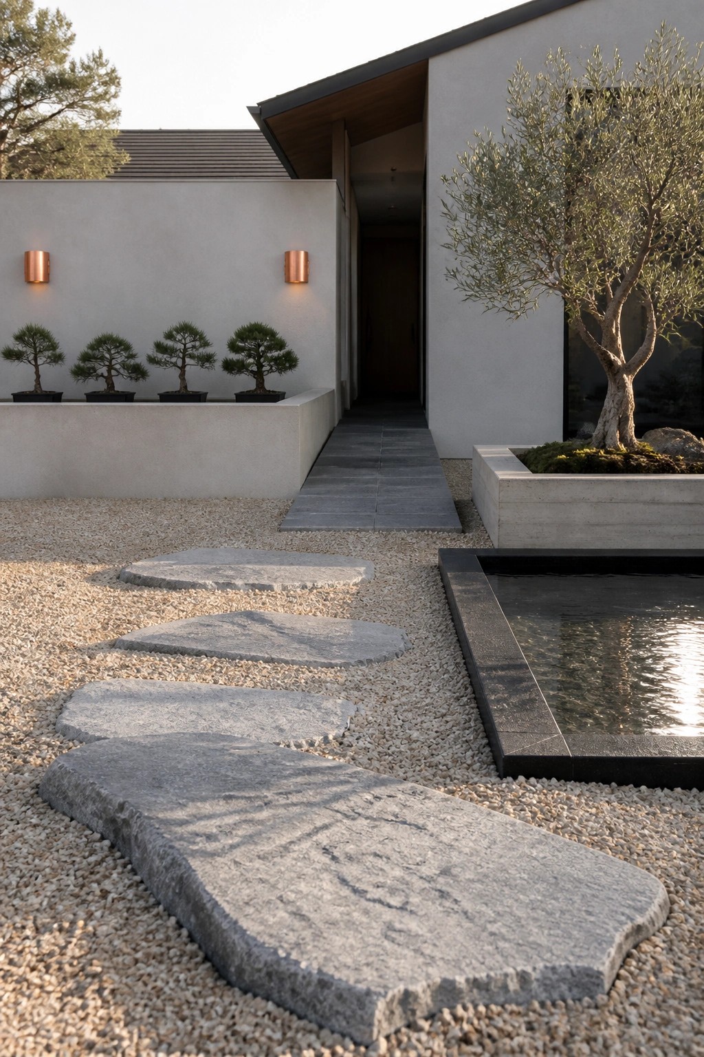 A gravel garden path with large irregular gray stepping stones leading toward a modern house entrance, bordered by potted bonsai trees and a dark water feature.