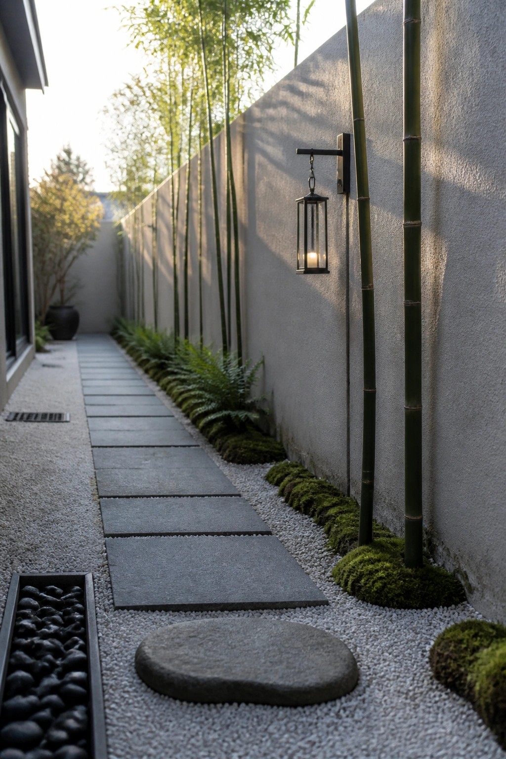 A narrow outdoor path of gray stepping stones set in white gravel, bordered by bamboo stalks and moss against a tall concrete wall.