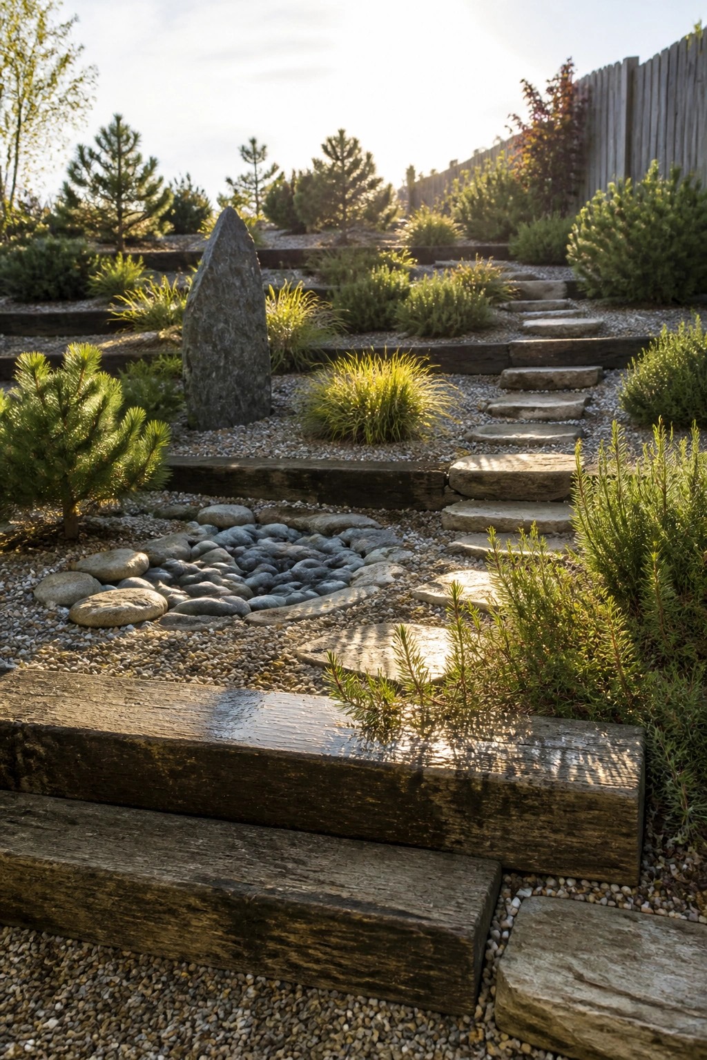 A zen garden path with a circular stone arrangement set in gravel, wooden beam steps, scattered stone pavers, and low shrubs and trees.