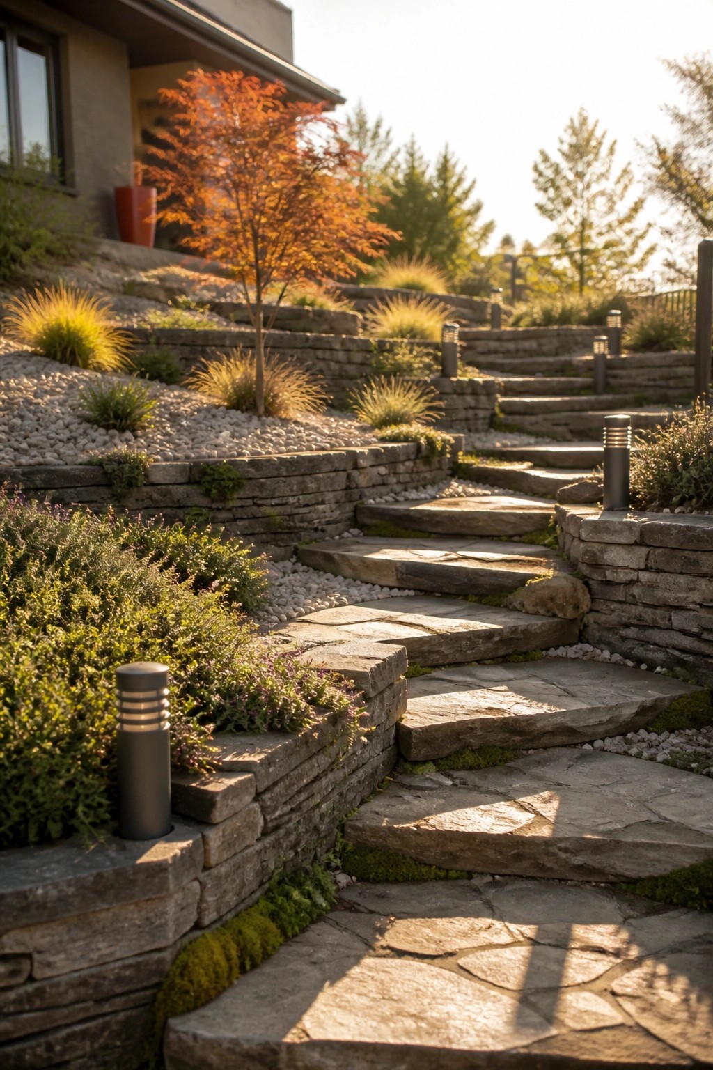 A winding stone pathway with steps descends through gravel beds bordered by stone retaining walls and low green plants.