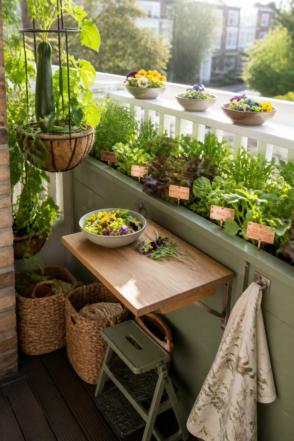 A balcony vegetable garden with a green planter box along the railing, labeled plants, a hanging zucchini in a basket, a fold-down wooden table holding a bowl of mixed greens, and a green step stool below.
