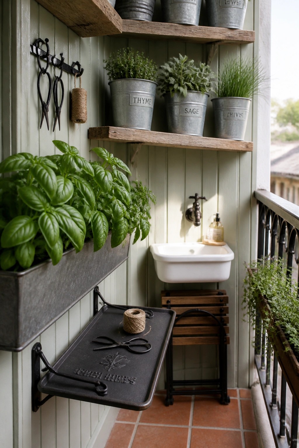 A balcony with wooden shelves holding potted herbs, a white wall-mounted sink, and a fold-down metal tray with gardening tools.