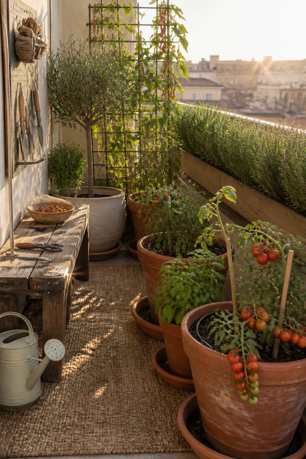 A balcony lined with terracotta pots of tomato plants and herbs next to a wooden bench holding gardening tools.