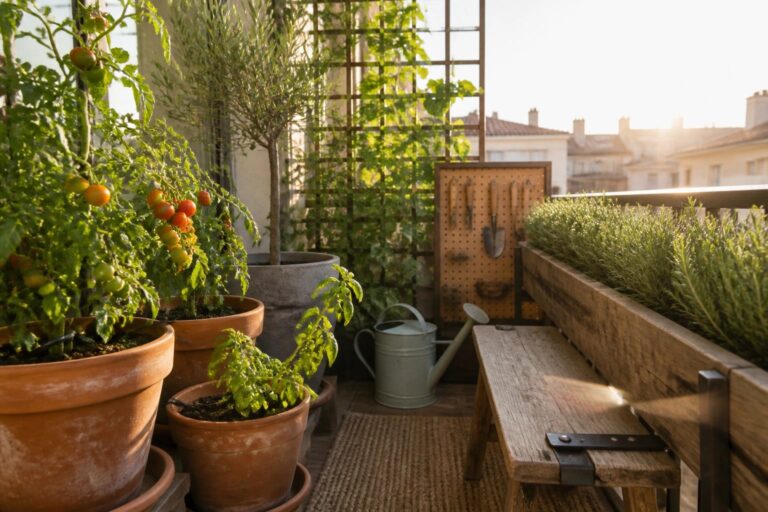 A balcony lined with terracotta pots of tomato plants and herbs next to a wooden bench holding gardening tools.