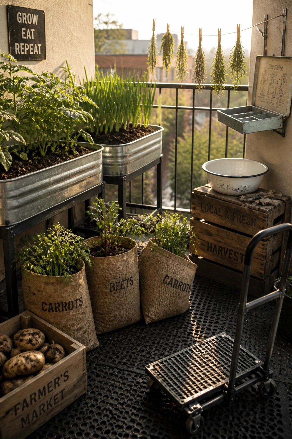 A balcony vegetable garden featuring plants growing in labeled burlap sacks, metal troughs, and wooden crates arranged on a perforated metal floor.