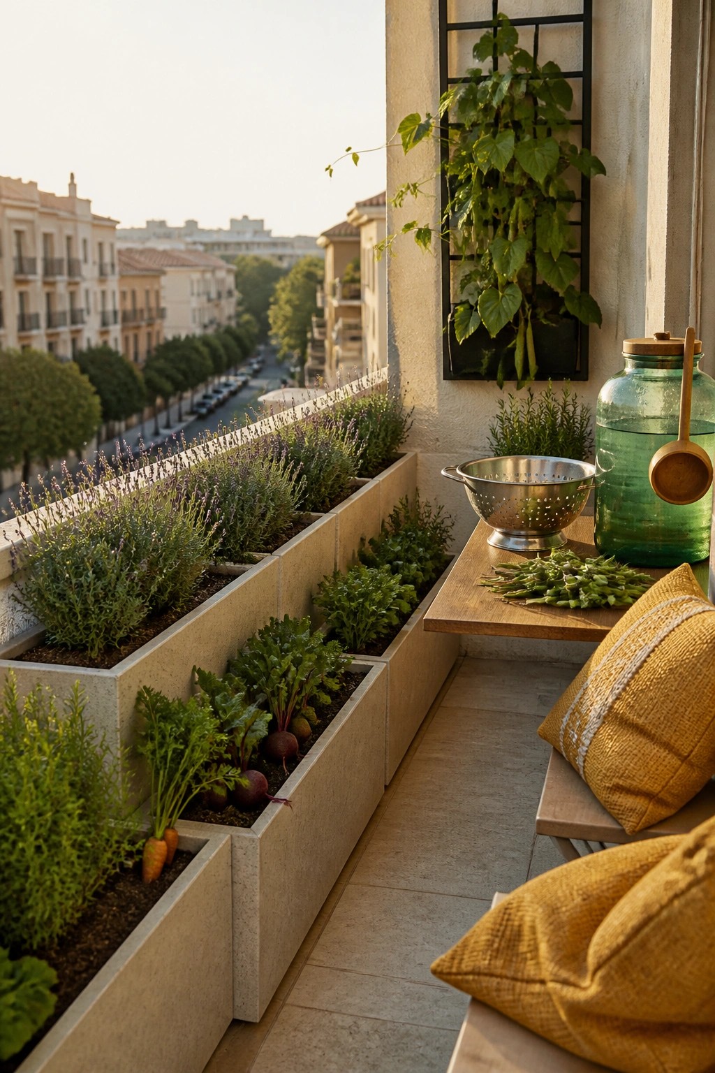 Balcony garden with vegetable planters, beets, carrots, colander, and yellow cushions.