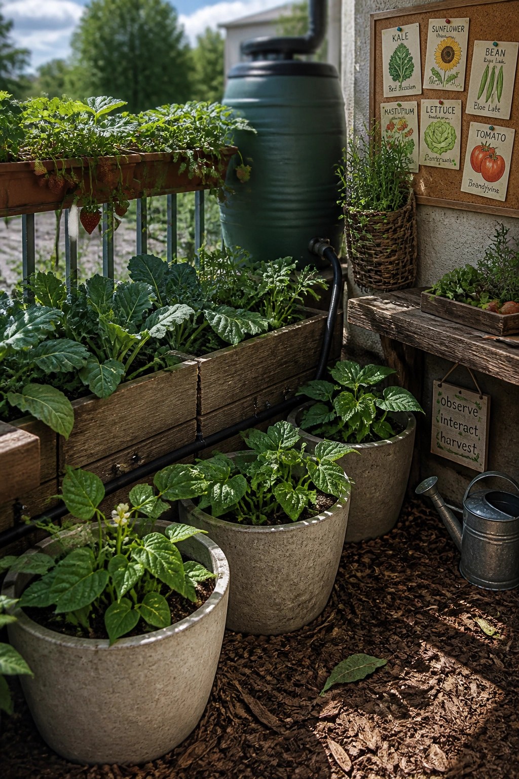 A balcony vegetable garden with wooden planters and various pots holding leafy greens and other plants, next to a rain barrel and a board with seed packets.