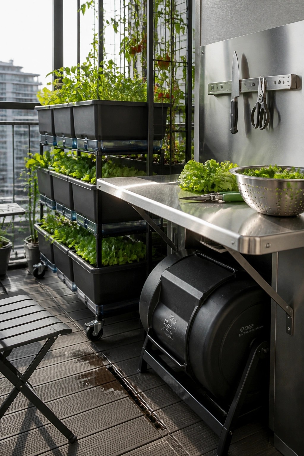 Balcony with stacked black wheeled planters filled with leafy greens beside a stainless steel work table holding a colander of lettuce and garden tools.