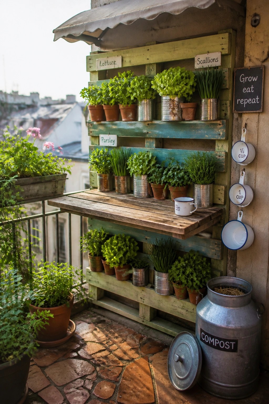 A multi-tiered wooden pallet structure mounted on a balcony wall holds rows of potted herbs and vegetables in metal cans and terracotta pots, with small labels and a compost bin nearby.