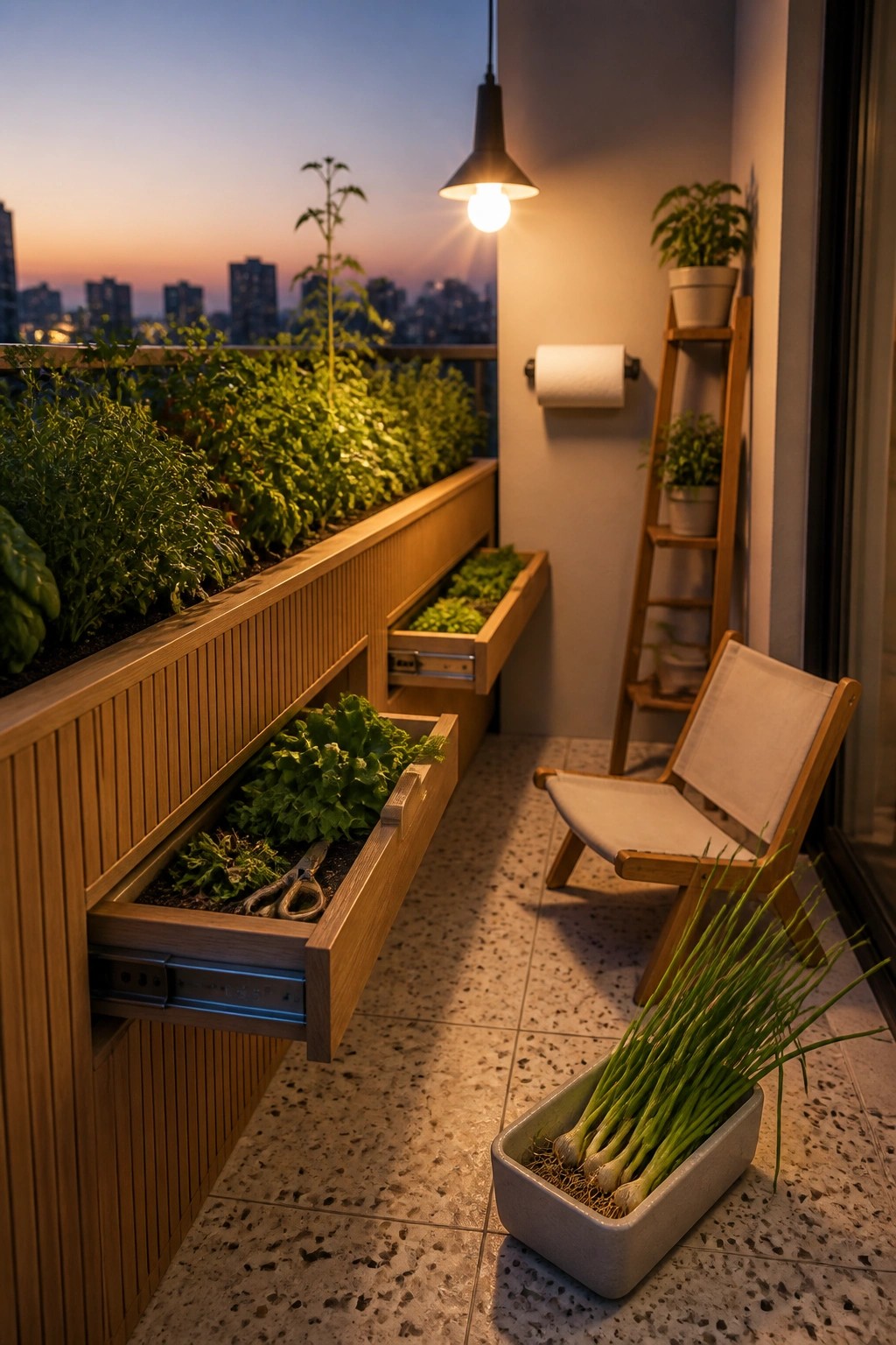 A balcony at dusk features wooden drawer-style planters with vegetables, some extended outward, alongside a wooden chair and potted plants.