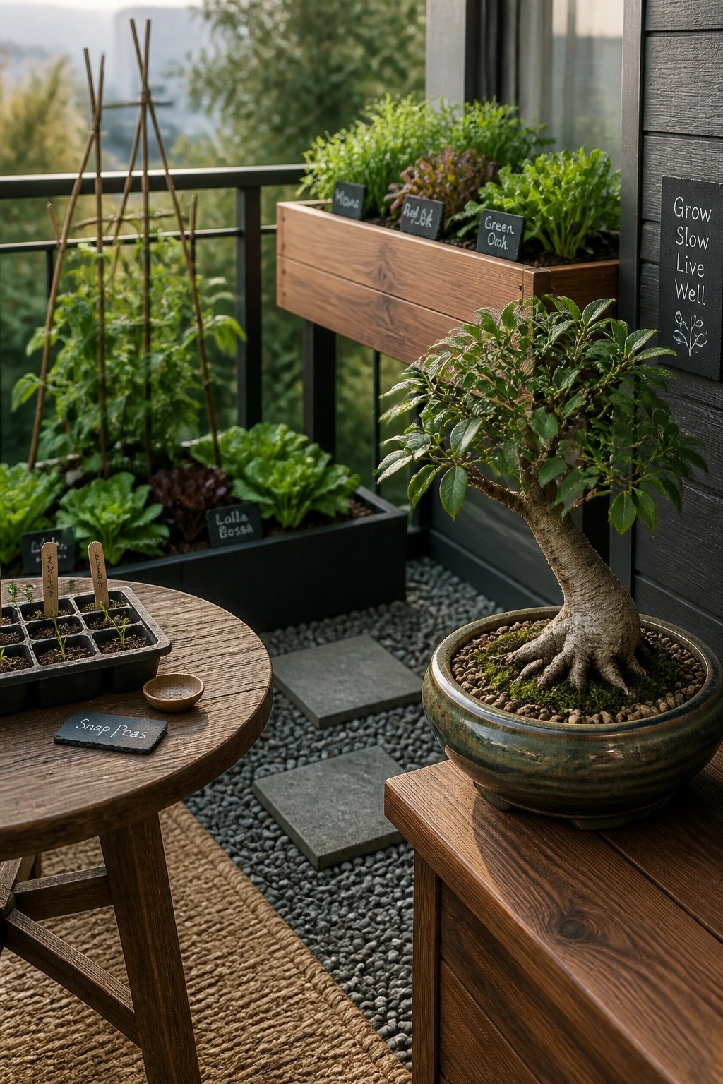 A balcony with wooden raised planters growing vegetables, a potted tree, and a round table holding seedling trays.