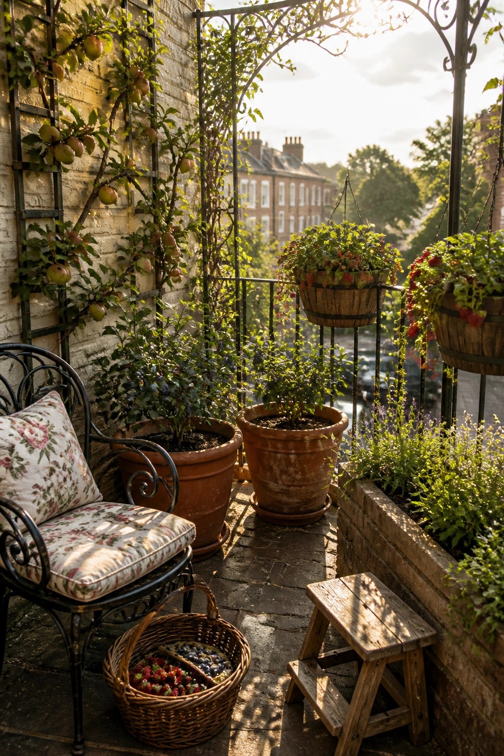 Balcony with several terracotta pots holding plants, hanging wooden baskets, a cushioned chair, a wicker basket of berries, and a wooden step stool on a brick floor.