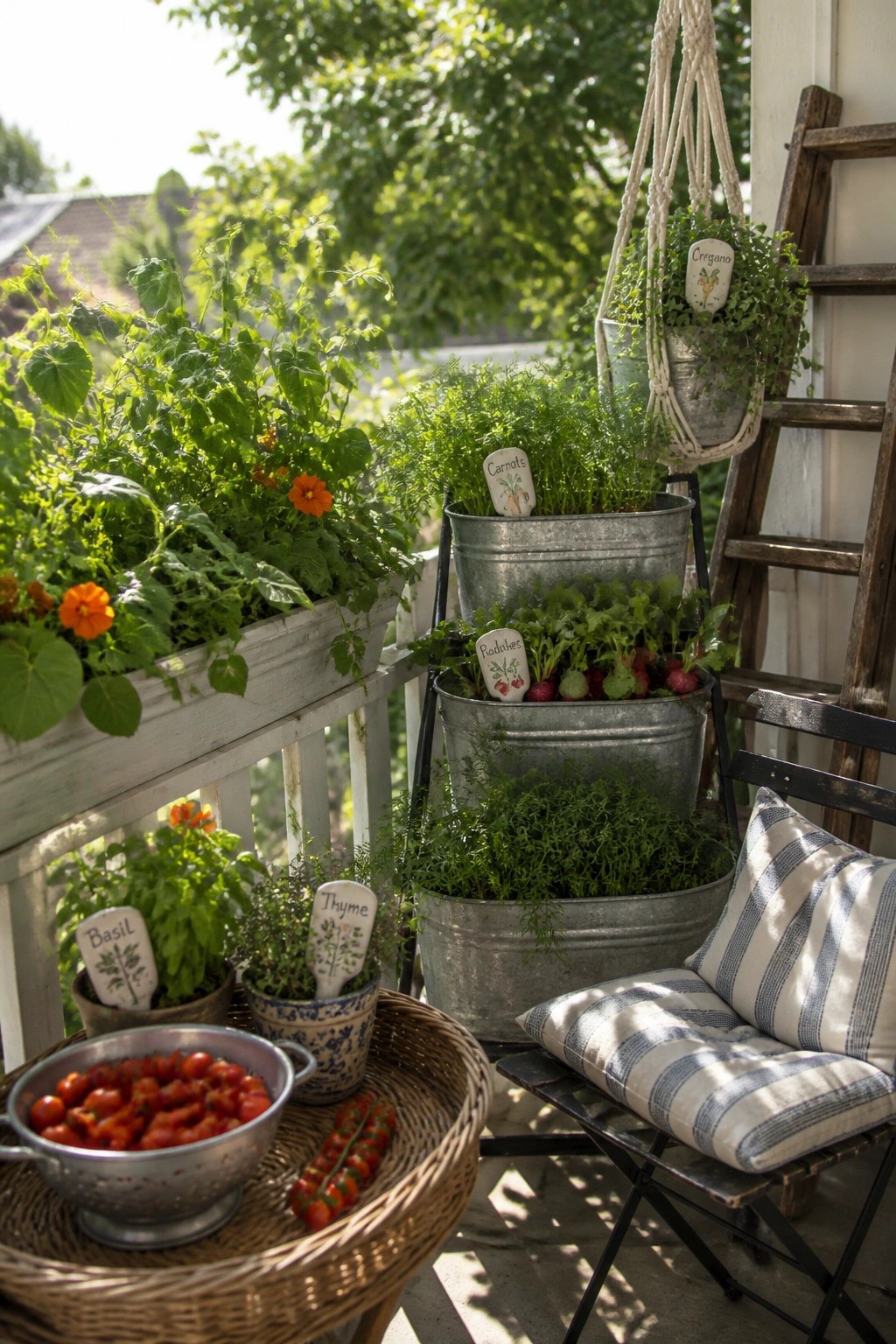 A balcony with vegetables and herbs growing in stacked galvanized metal buckets on a stand, a hanging bucket, a window box, and a basket of tomatoes on a table.