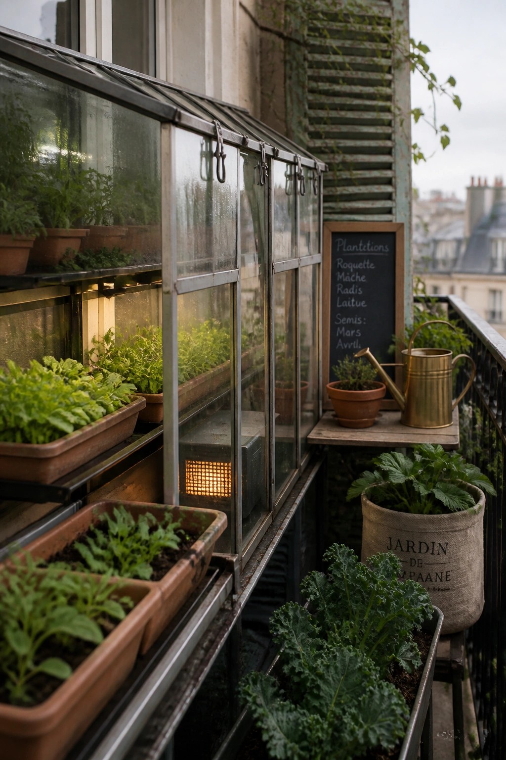 A narrow balcony features a multi-shelf glass greenhouse cabinet with potted greens inside, a small glowing grow light, and additional plant containers arranged around it.