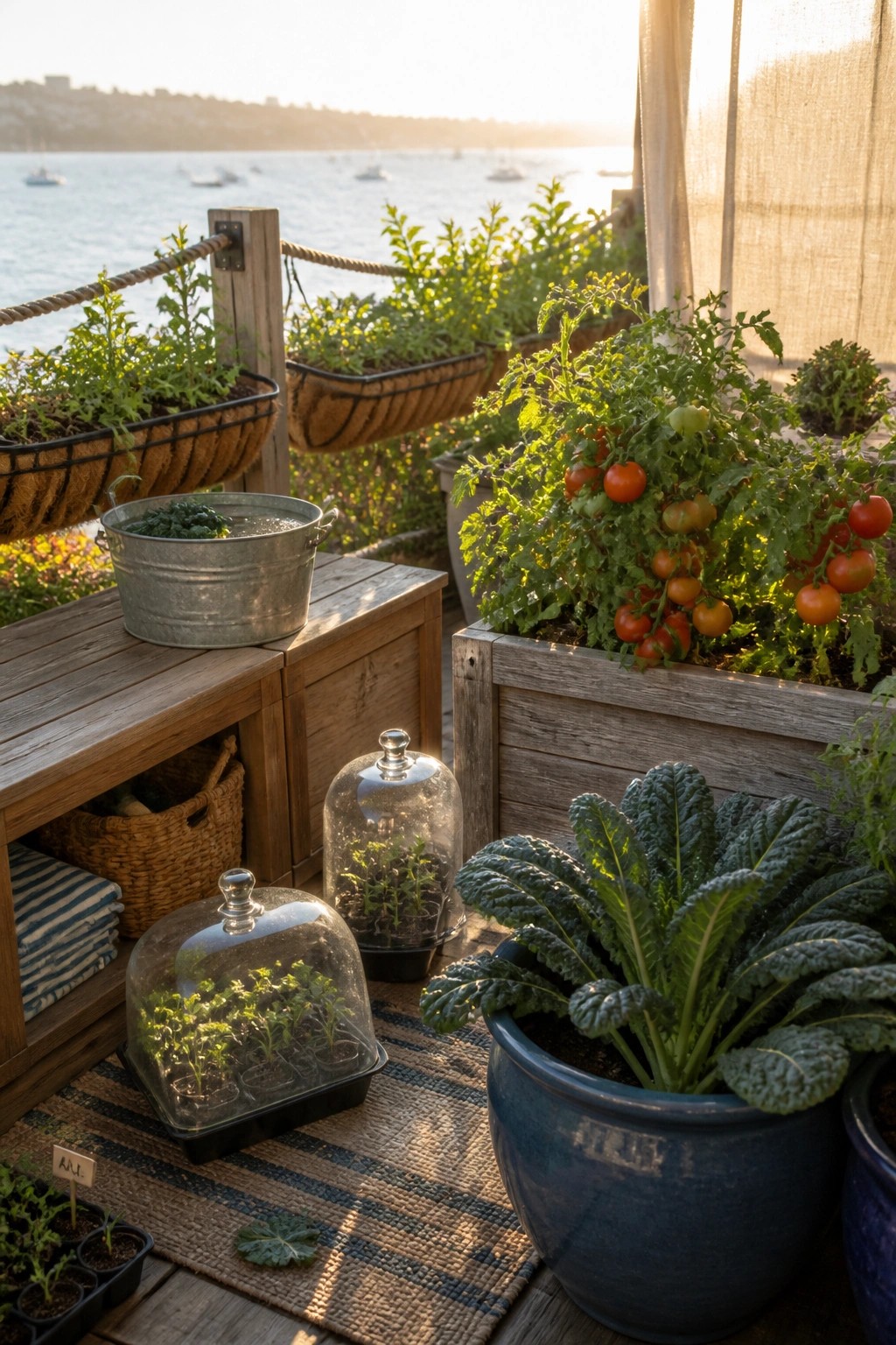 A balcony vegetable garden with wooden raised planters holding tomato plants, a blue ceramic pot with leafy greens, small seedlings under glass cloches, and a view of the water beyond.