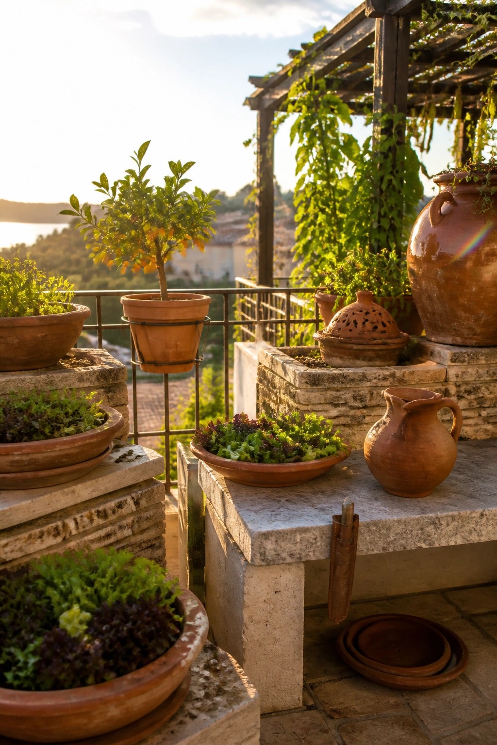 A balcony with multiple terracotta pots of leafy greens and herbs placed on stone ledges, a table, and railings, with a wooden pergola and landscape view in the background.
