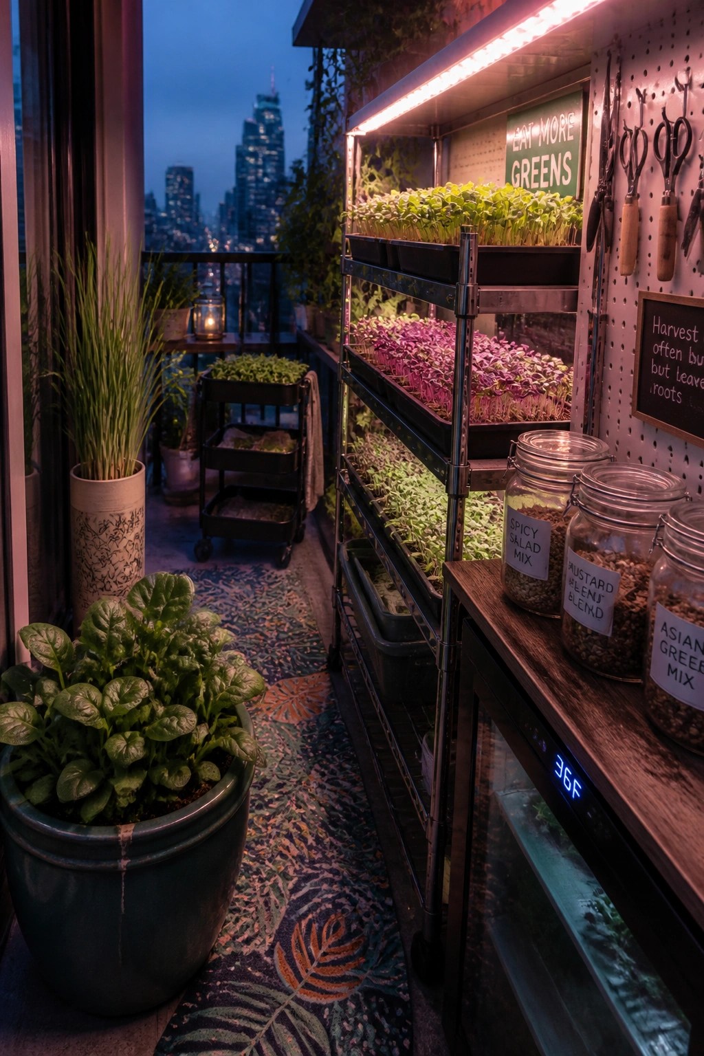 Shelves of colorful microgreens and labeled seed jars on a city balcony at night